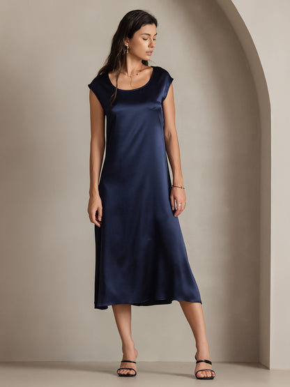 Rosstef 19Momme Silk Cap Sleeve Round Neck Midi Dress