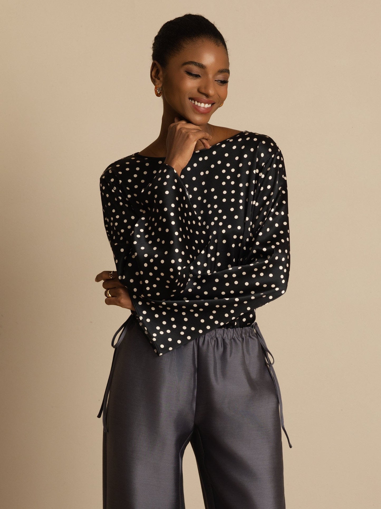 Rosstef Kadınlar için Polka Dot Print Bell Sleeve Boat Neck Üst