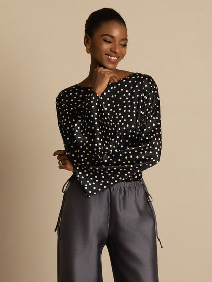 Rosstef Kadınlar için Polka Dot Print Bell Sleeve Boat Neck Üst
