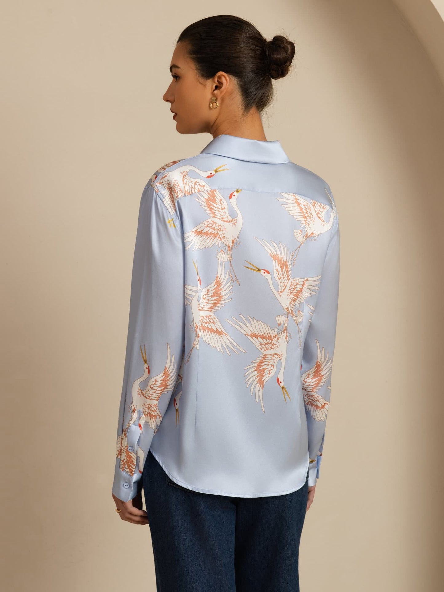 Rosstef 100% Mulberry Silk Long Sleeve Lapel Collar Women's Crane Print Button Blouse