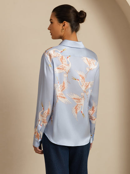 Rosstef 100% Mulberry Silk Long Sleeve Lapel Collar Women's Crane Print Button Blouse