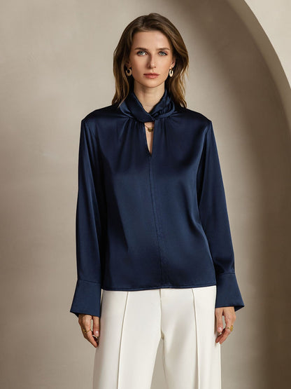 Rosstef 19Momme Silk Keyhole Neck Blouse with Pearl Buttons