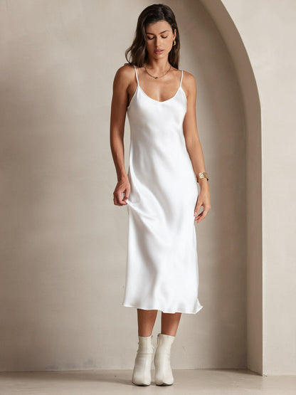 Rosstef 100% Mulberry Silk Spaghetti Strap V Neck Midi Dress