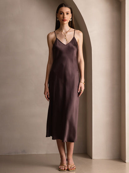 Rosstef 100% Mulberry Silk Spaghetti Strap V Neck Midi Dress