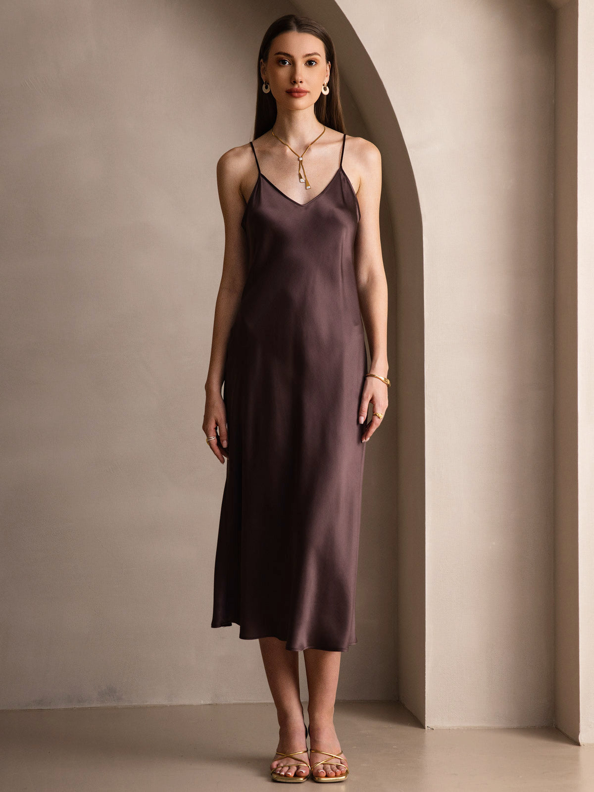 Rosstef 100% Mulberry Silk Spaghetti Strap Midi Long Dress