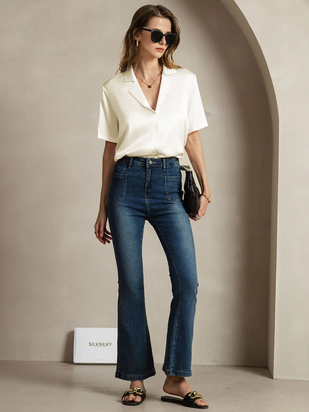 Rosstef 19Momme Silk Short Sleeve Notched Lapel Kadın Elbisesi