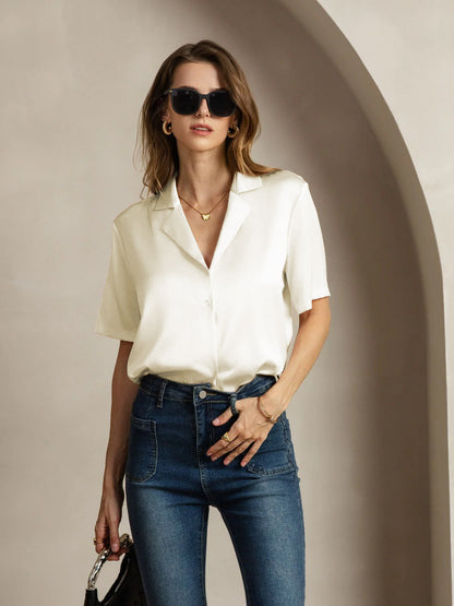 Rosstef 19Momme Silk Short Sleeve Notched Lapel Kadın Elbisesi
