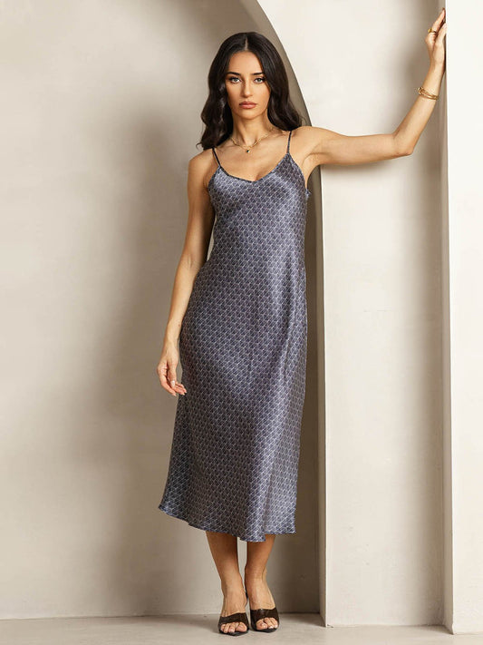 Rosstef 19Momme Silk Navy Ginkgo Print V Neck Midi Dress