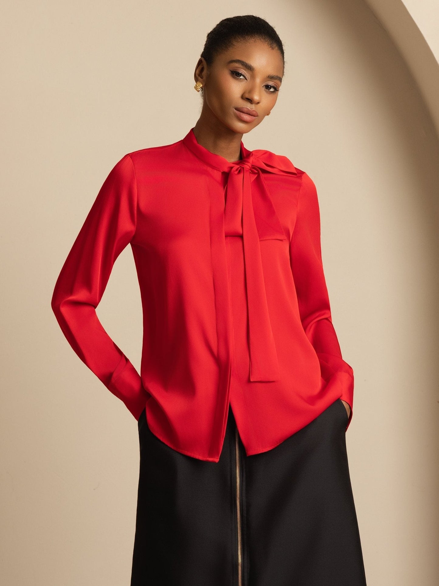 Rosstef 19Momme Silk Tie Neck Long Sleeve Blouse