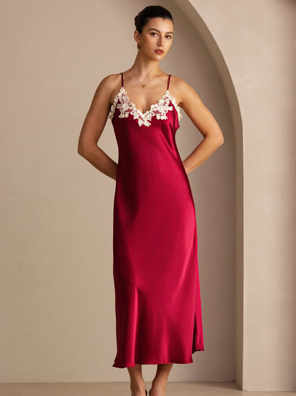 Rosstef Mulberry Silk V Neck Midi Dress with Lace