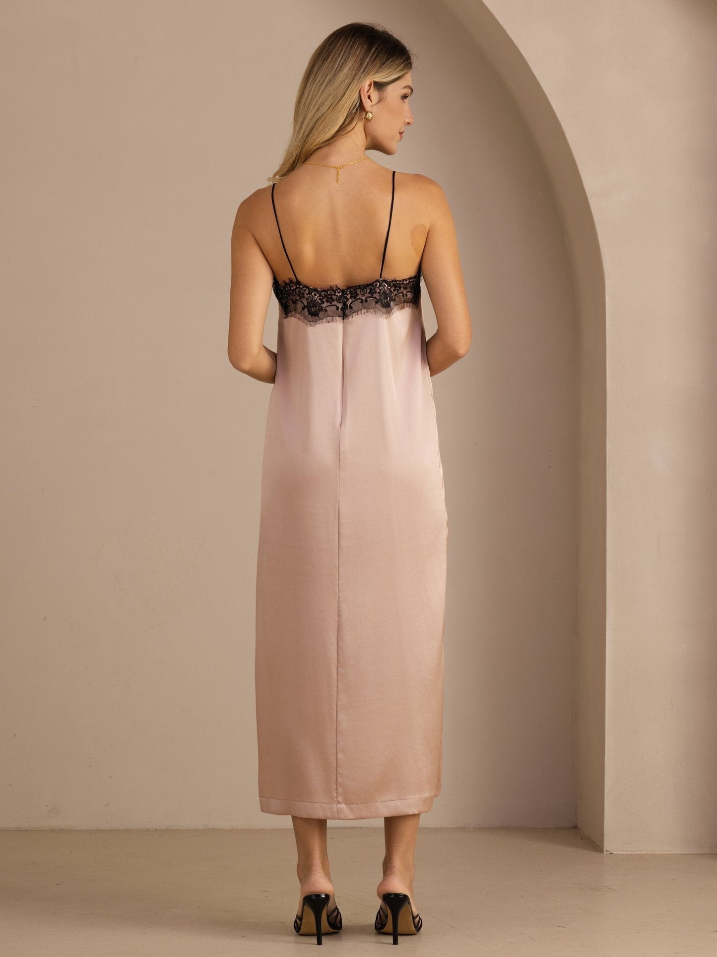 Rosstef 19Momme Silk Square Neck Spaghetti Strap Lace Midi Dress