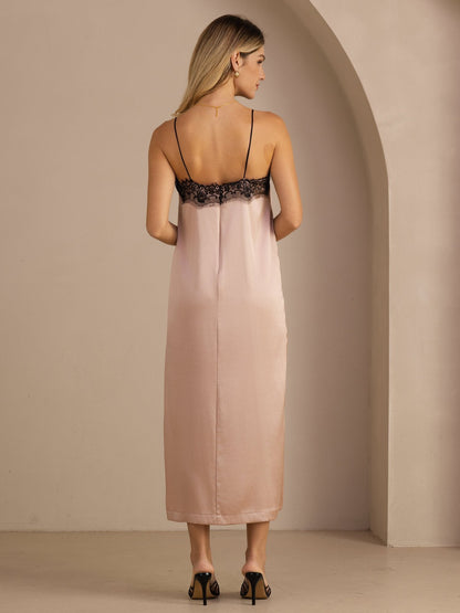 Rosstef 19Momme Silk Square Neck Spaghetti Strap Lace Midi Dress