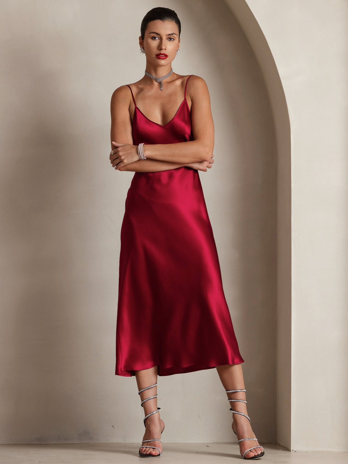 Rosstef 100% Mulberry Silk Spaghetti Strap V Neck Midi Dress