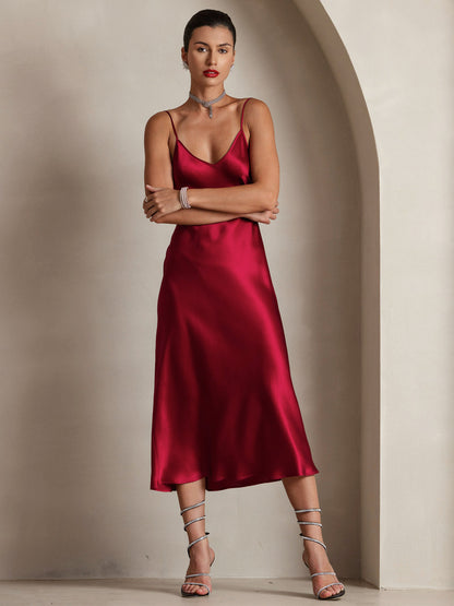 Rosstef 100% Mulberry Silk Spaghetti Strap V Neck Midi Dress