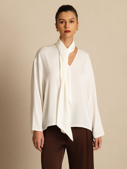 Rosstef 19Momme Stretch Silk Asimetrik V Çıkıntılı Bluz