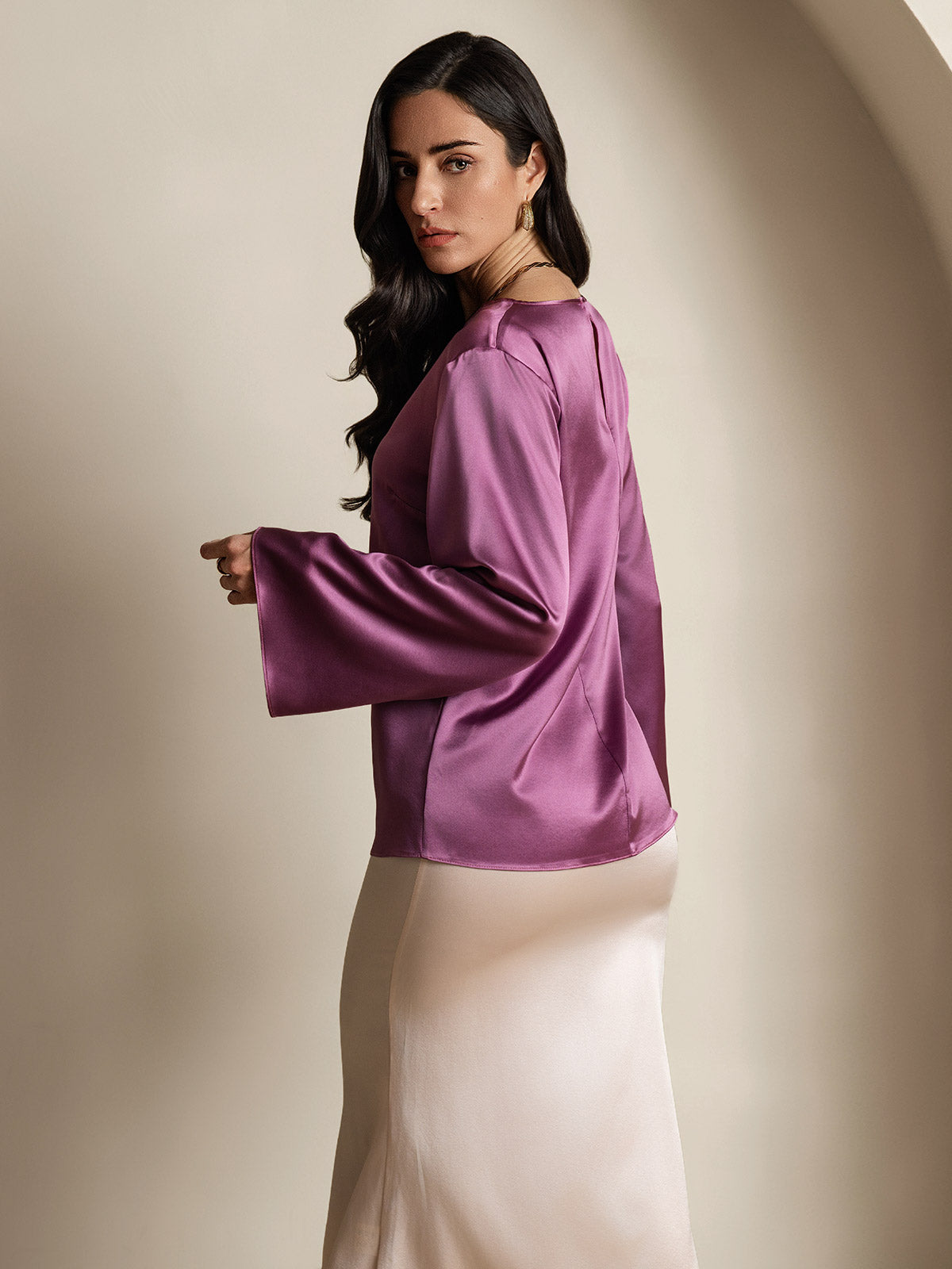 Rosstef 19Momme Silk Bell Sleeve Boat Neck Kadın Giyimi