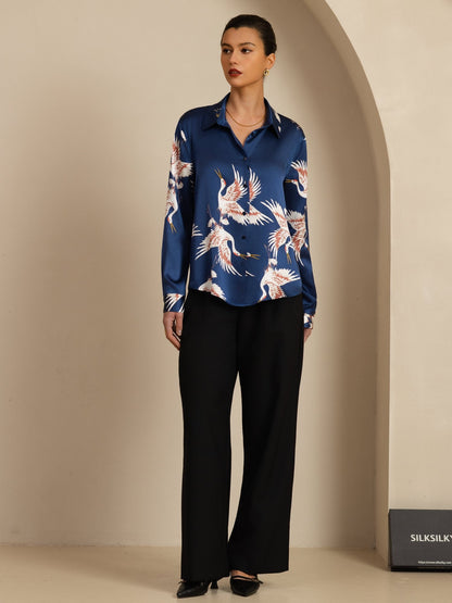 Rosstef 100% Mulberry Silk Long Sleeve Lapel Collar Women's Crane Print Button Blouse