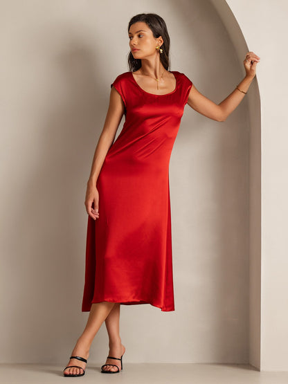 Rosstef 19Momme Silk Cap Sleeve Round Neck Midi Dress