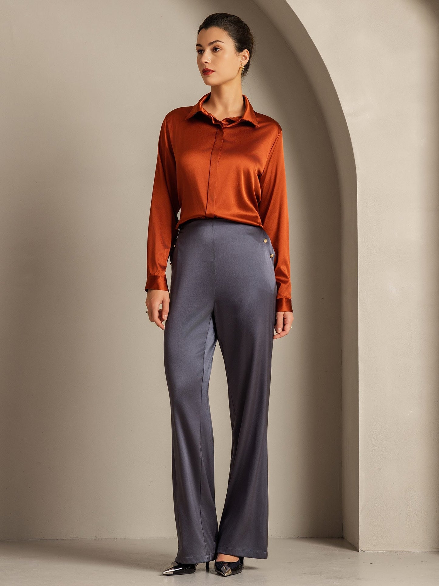 Rosstef 19 Momme Silk Long Sleeve Lapel Collar Kadın Şortu