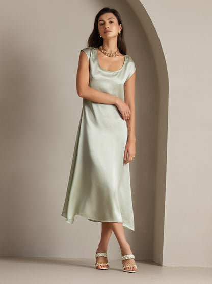 Rosstef 19Momme Silk Cap Sleeve Round Neck Midi Dress
