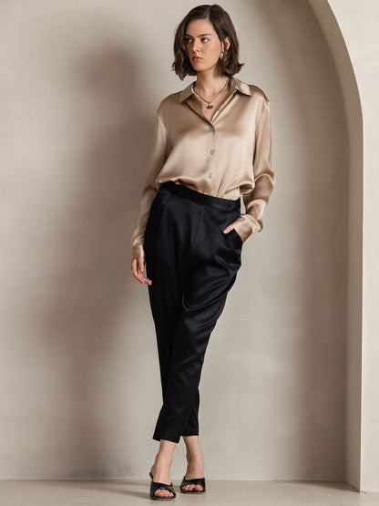 Rosstef 19Momme Silk Long Sleeve Lapel Collar Kadın Giyimi