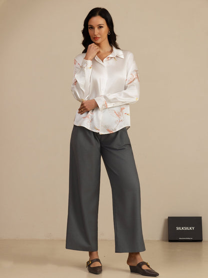 Rosstef 100% Mulberry Silk Long Sleeve Lapel Collar Women's Crane Print Button Blouse