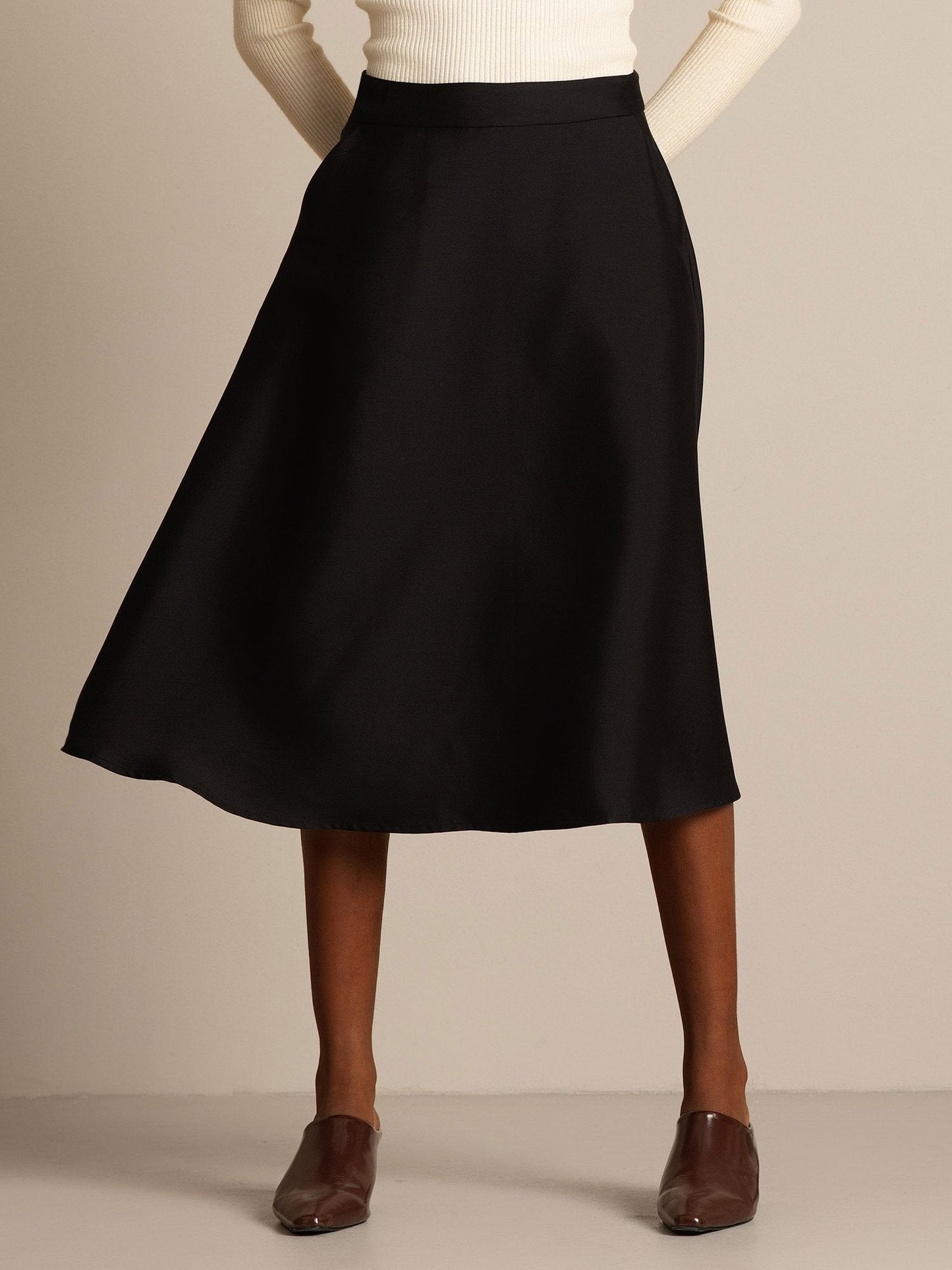 Rosstef 32Momme Silk-Wool Blend A Line Midi Skirt with Zipper Design