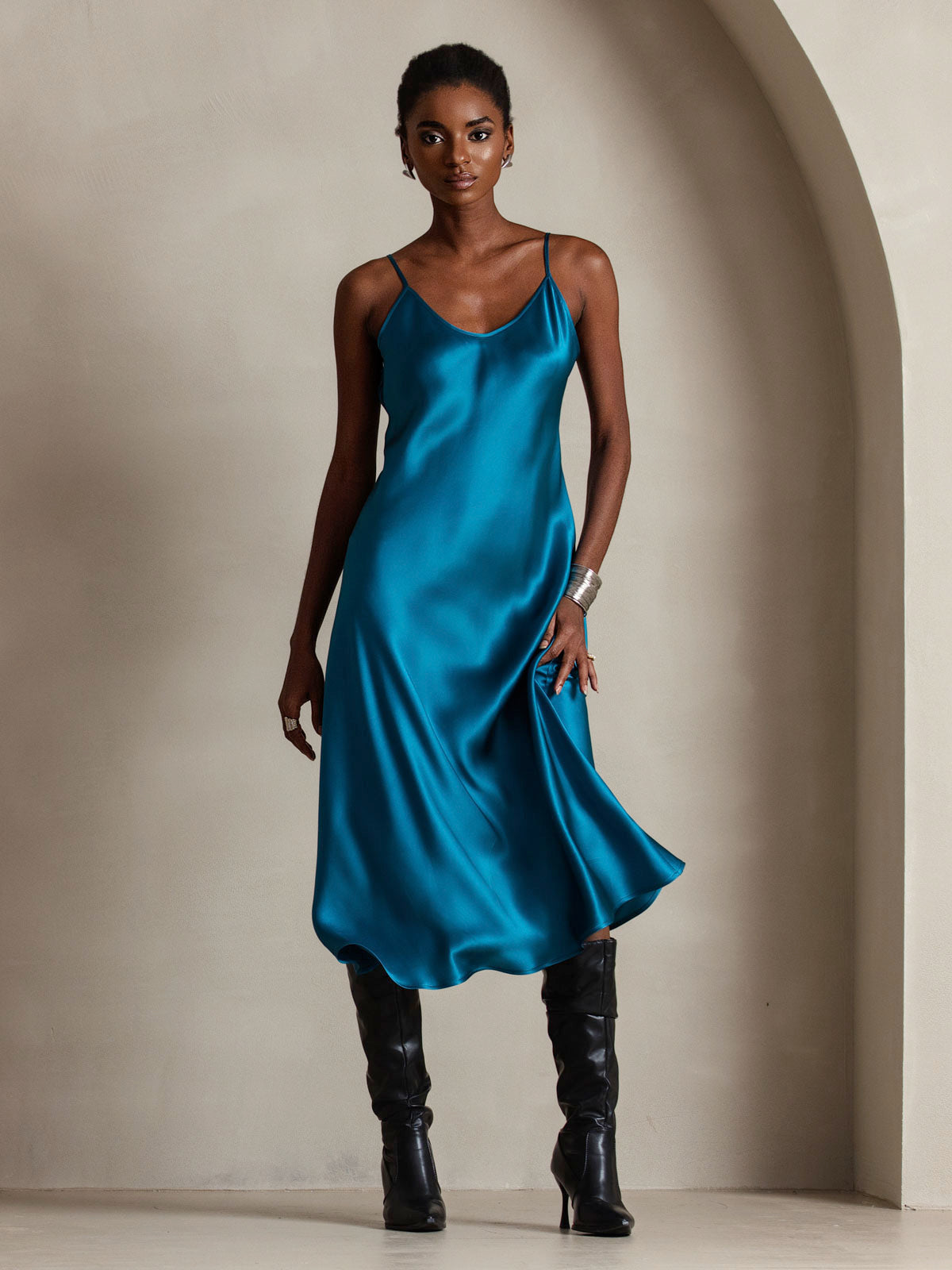 Rosstef 100% Mulberry Silk Spaghetti Strap Midi Long Dress