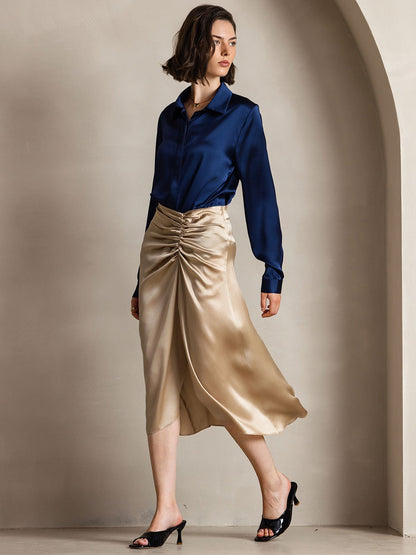 Rosstef 19Momme Silk Long Sleeve Lapel Collar Kadın Bluzu