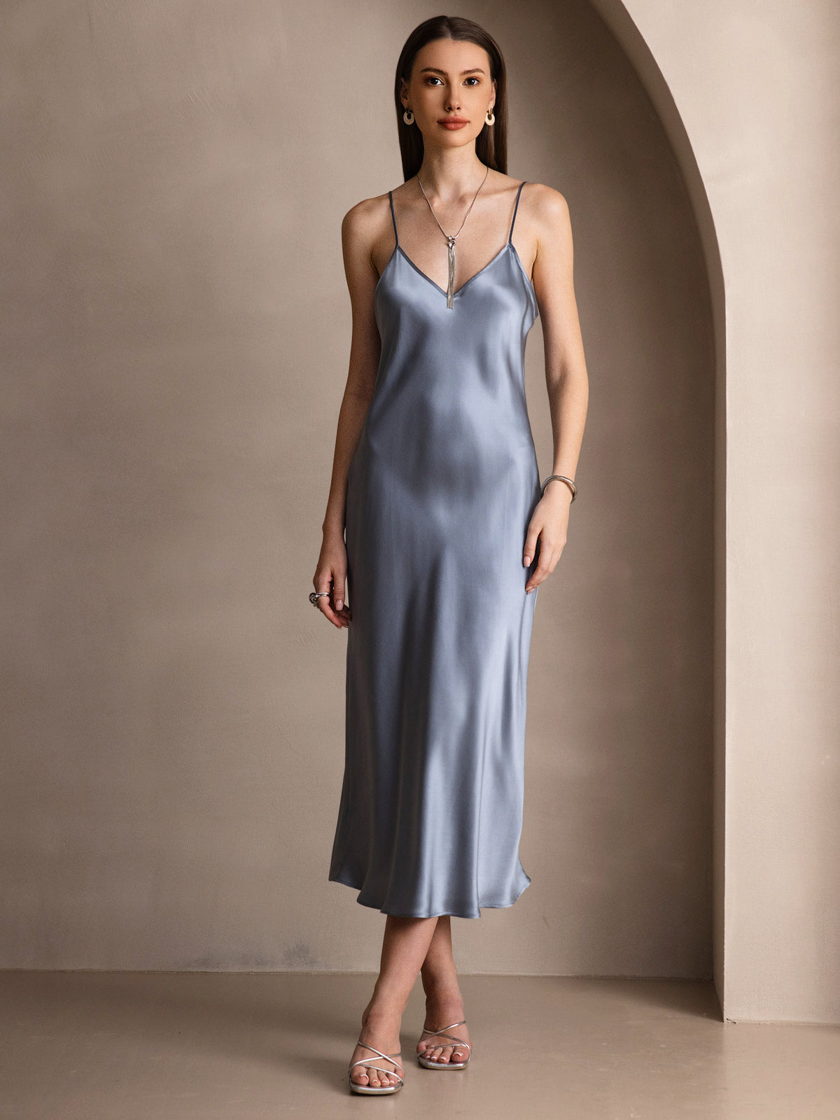 Rosstef 100% Mulberry Silk Spaghetti Strap Midi Long Dress
