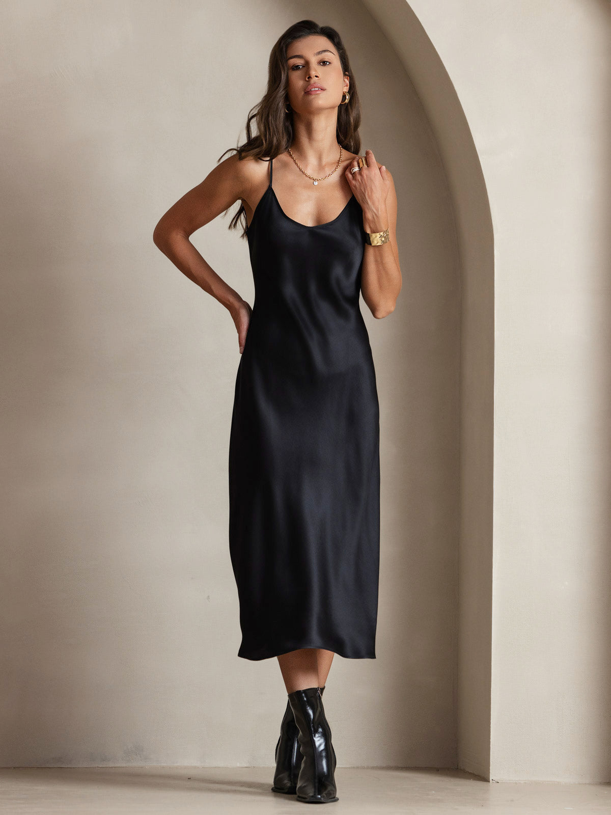 Rosstef 100% Mulberry Silk Spaghetti Strap Midi Long Dress
