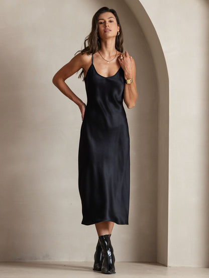 Rosstef 100% Mulberry Silk Spaghetti Strap Midi Long Dress