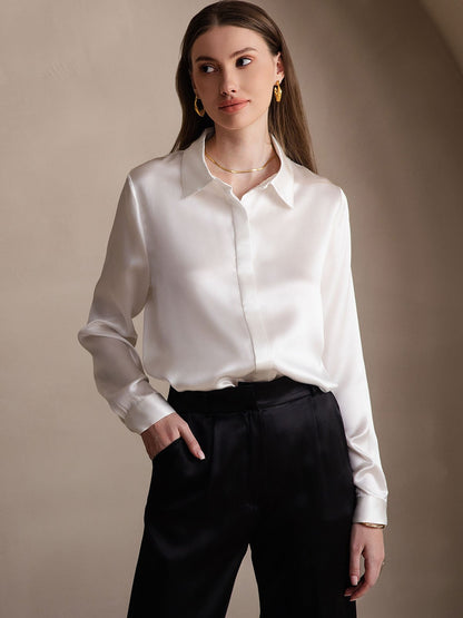 Rosstef 19Momme Silk Long Sleeve Lapel Collar Kadın Bluzu