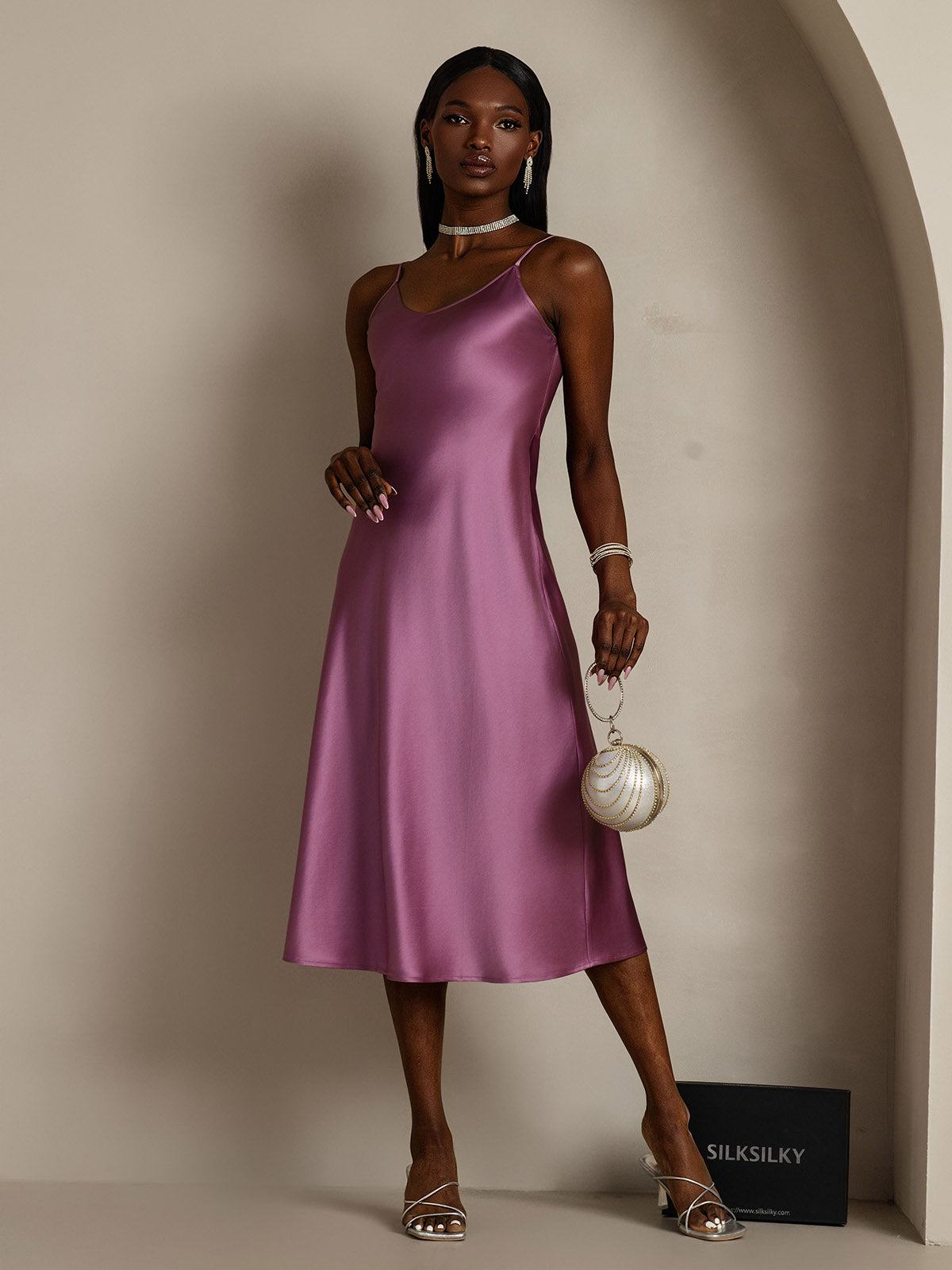Rosstef 100% Mulberry Silk Spaghetti Strap V Neck Midi Dress