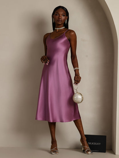 Rosstef 100% Mulberry Silk Spaghetti Strap V Neck Midi Dress
