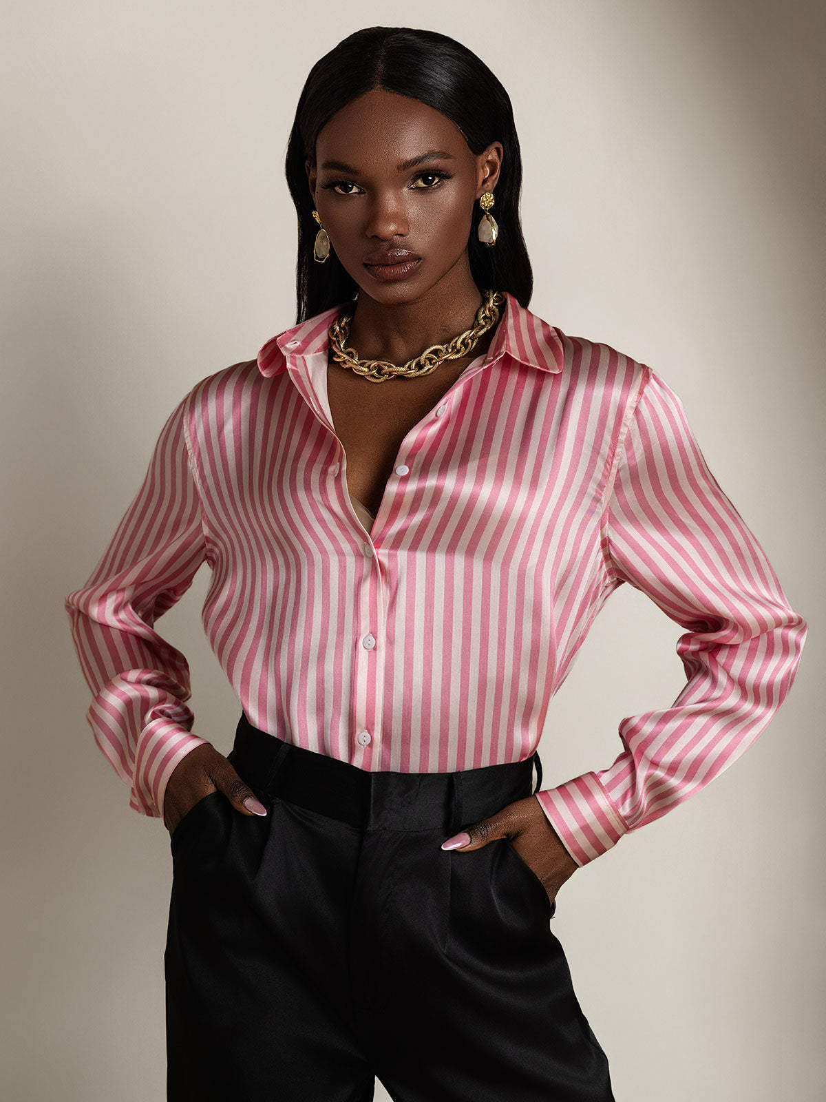 Rosstef 19Momme Silk Stripe Print Long Sleeve Lapel Collar Kadın Evi Giyimi
