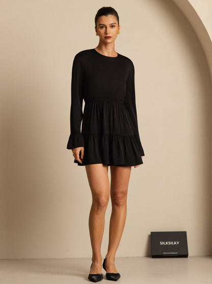 Rosstef 19Momme Stretch Silk Ruffle Sleeves Short Dress