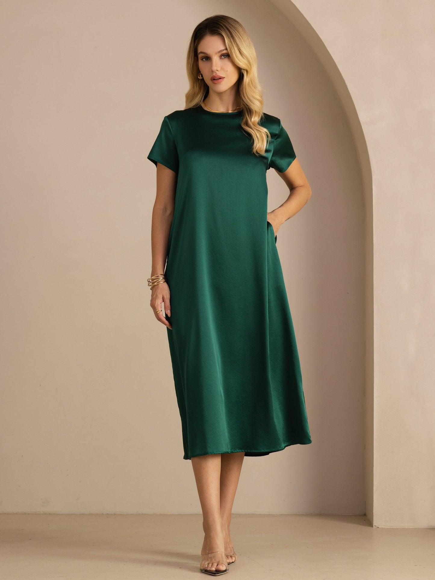 Rosstef 19Momme Silk Midi Dress With Side Pockets