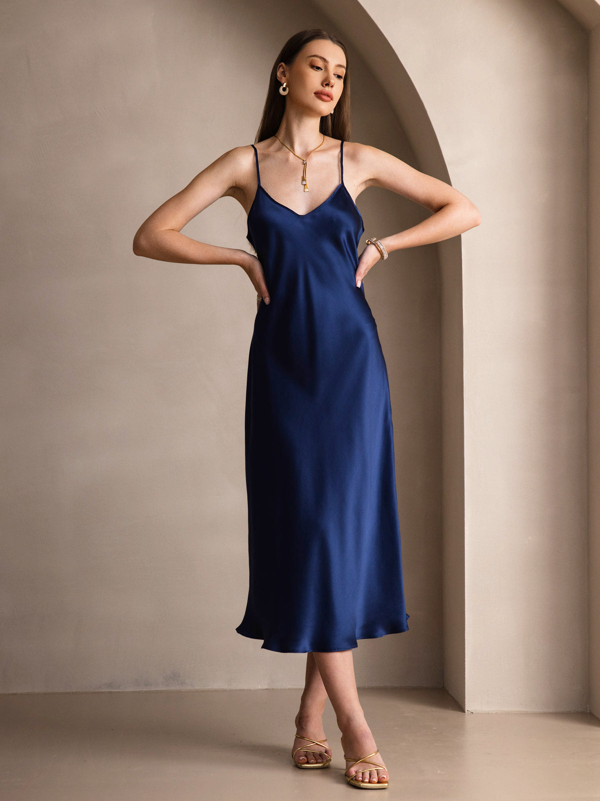 Rosstef 100% Mulberry Silk Spaghetti Strap Midi Long Dress