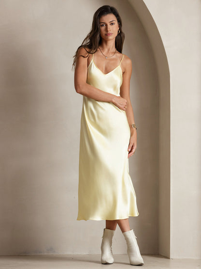 Rosstef 100% Mulberry Silk Spaghetti Strap V Neck Midi Dress