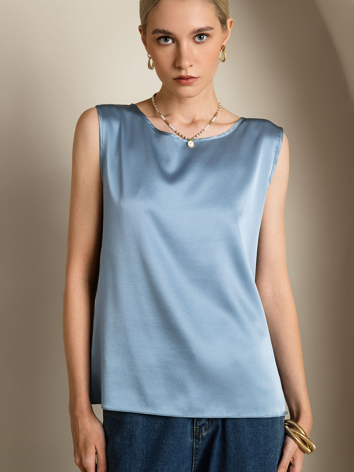 Rosstef 19Momme Silk Sleeveless Round Neck Women's Tank Top