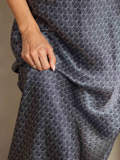 Rosstef 19Momme Silk Navy Ginkgo Print V Neck Midi Dress