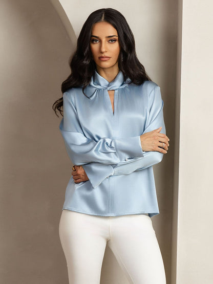 Rosstef 19Momme Silk Keyhole Neck Blouse with Pearl Buttons
