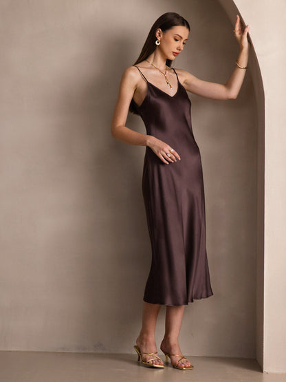 Rosstef 100% Mulberry Silk Spaghetti Strap V Neck Midi Dress