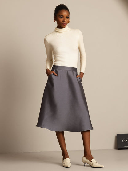 Rosstef 32Momme Silk-Wool Blend A Line Midi Skirt with Zipper Design