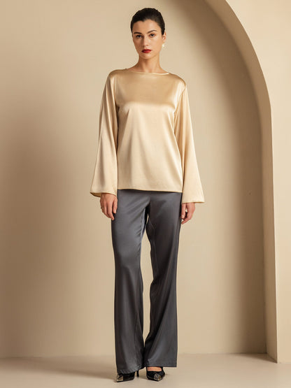 Rosstef 19Momme Silk Bell Sleeve Boat Neck Kadın Giyimi
