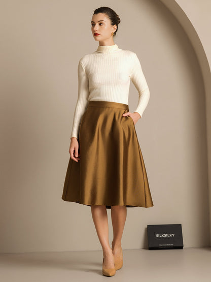 Rosstef 32Momme Silk-Wool Blend A Line Midi Skirt with Zipper Design