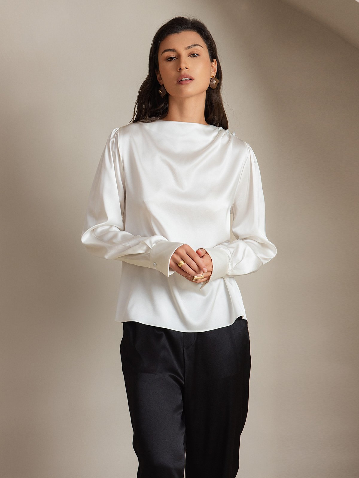 Rosstef 19Momme Silk Long Sleeve Boat Neck Blouse