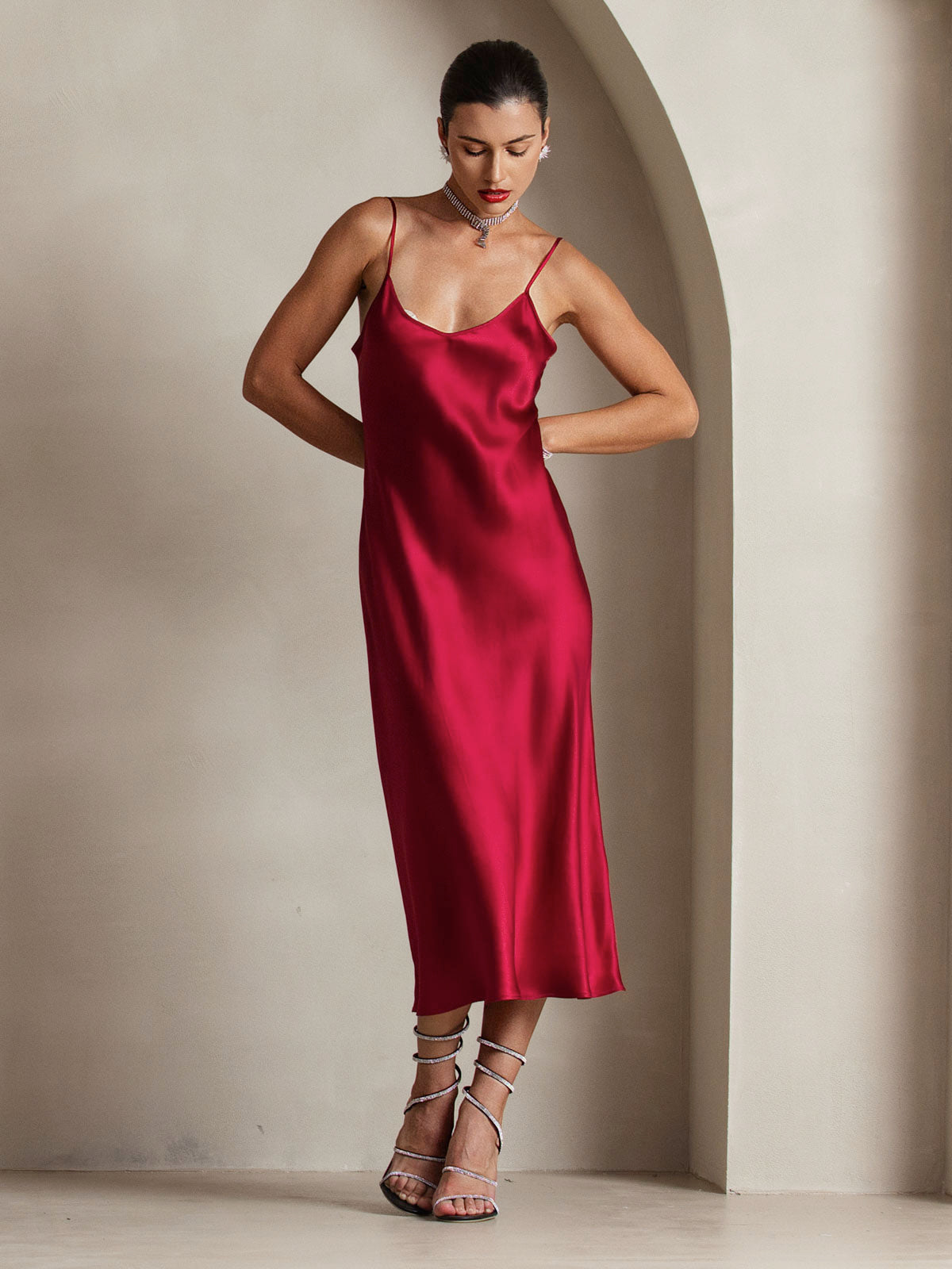 Rosstef 100% Mulberry Silk Spaghetti Strap Midi Long Dress