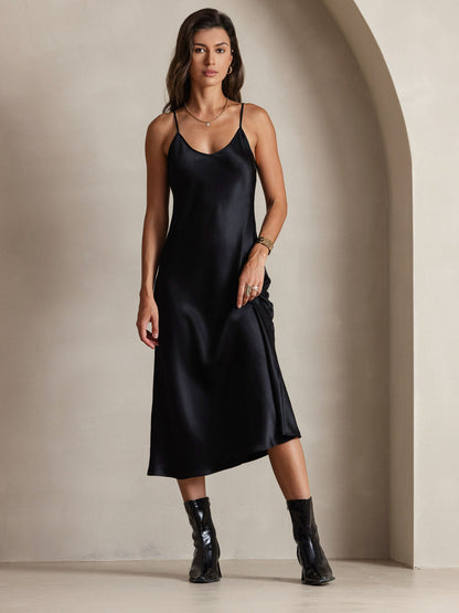 Rosstef 100% Mulberry Silk Spaghetti Strap V Neck Midi Dress